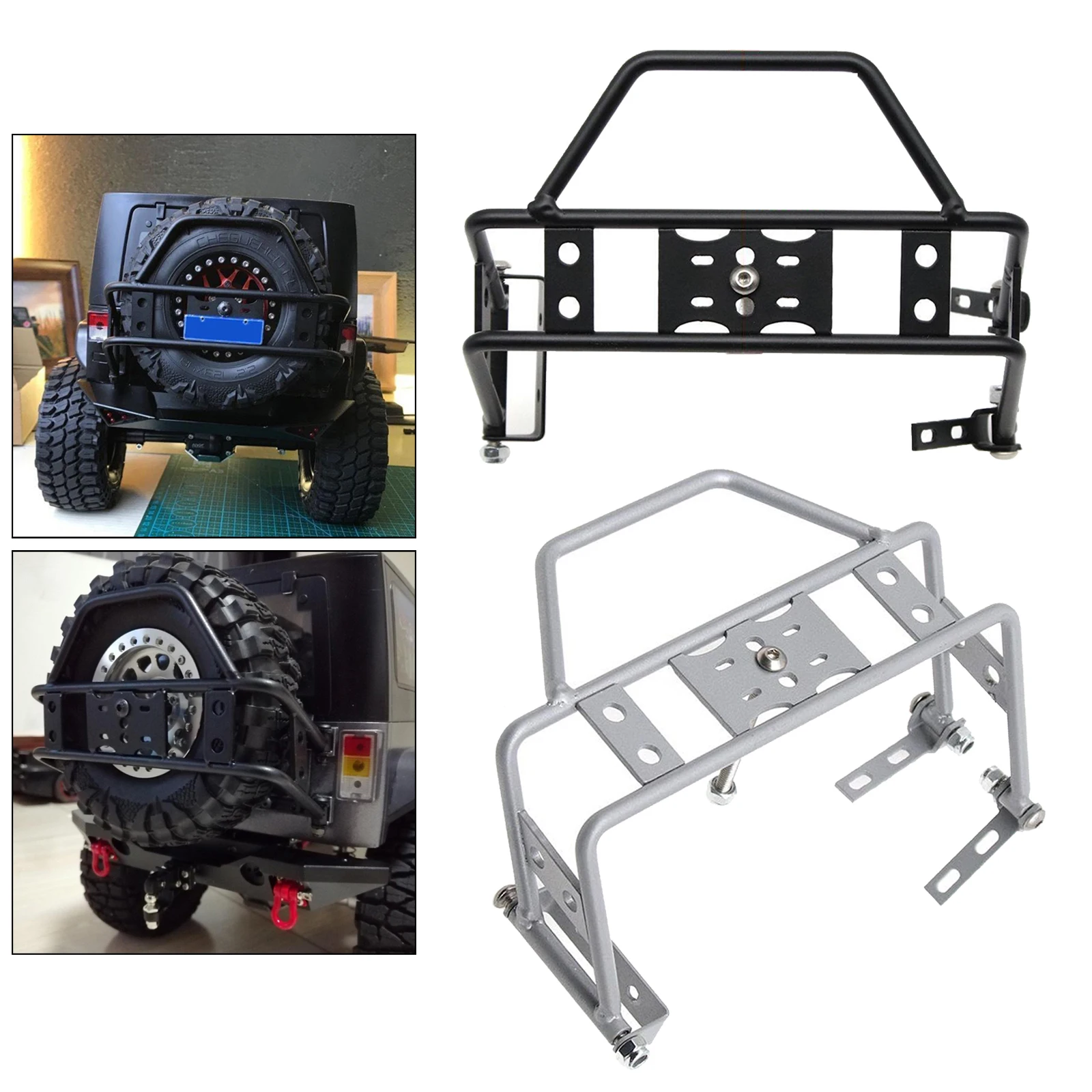 Alloy Metal Rear Bumper Bull Bar With Spare Tire Carrier Shackles For RC Rock Crawler 1/10 TRX4 SCX10 90046 90047 Wrangler Jeep Alloy Metal Rear Bumper Bull Bar With Spare Tire Carrier Shackles For RC Rock Crawler 1/10 TRX4 SCX10 90046 90047 Wrangler Jeep