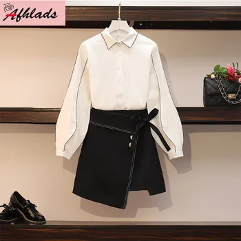 Plus Size Women's Spring Thin Black White Two-Piece Set Single-Breasted Turn-Down Collar Shirt + Short Skirt Two-Piece Set 
Plus Size Women's Spring Thin Black White Two-Piece Set Single-Breasted Turn-Down Collar Shirt + Short Skirt Two-Piece Set