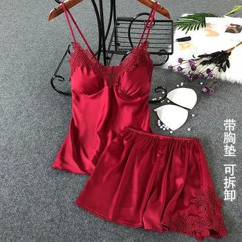 Red Sexy Lace Pajamas Set V-Neck Backless Faux Silk Sleep Set 2PCS Strap Top&Shorts Sleepwear With Bra Summer Intimate Lingerie 
Red Sexy Lace Pajamas Set V-Neck Backless Faux Silk Sleep Set 2PCS Strap Top&Shorts Sleepwear With Bra Summer Intimate Lingerie