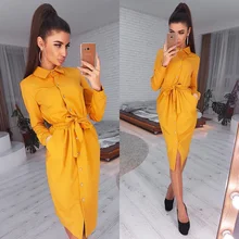 Femmes Vintage avant bouton ceintures a-ligne robe à manches longues col rabattu solide robe élégante 2019 automne mode femmes robe(China)