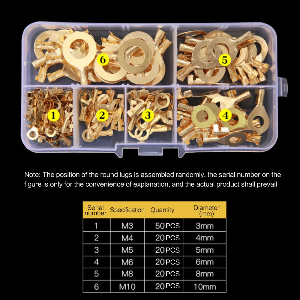 150PCS Ring Eyes Copper Crimp Terminals Non-insulated Assortment Kit M3/M4/M5/M6/M8/M10
150PCS Ring Eyes Copper Crimp Terminals Non-insulated Assortment Kit M3/M4/M5/M6/M8/M10