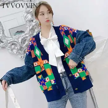 

TVVOVVIN 2019 Autumn Knitting Patchwork Argyle Cowboy Loose Coat Easy Leisure Time Joker Lazy Style Jacket Woman ZX256