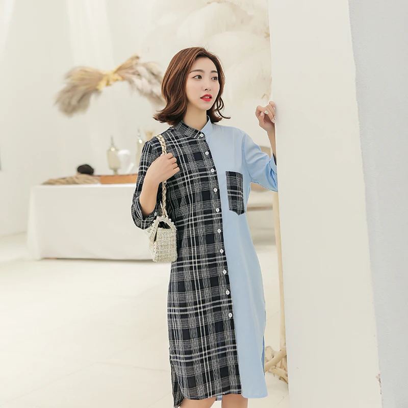 S-3XL 2020 Spring Plaid Stitching Solid Color Collar Knee-Length Dress Korean Natural 7-point Sleeve Slim Long Cardigan Dress
S-3XL 2020 Spring Plaid Stitching Solid Color Collar Knee-Length Dress Korean Natural 7-point Sleeve Slim Long Cardigan Dress