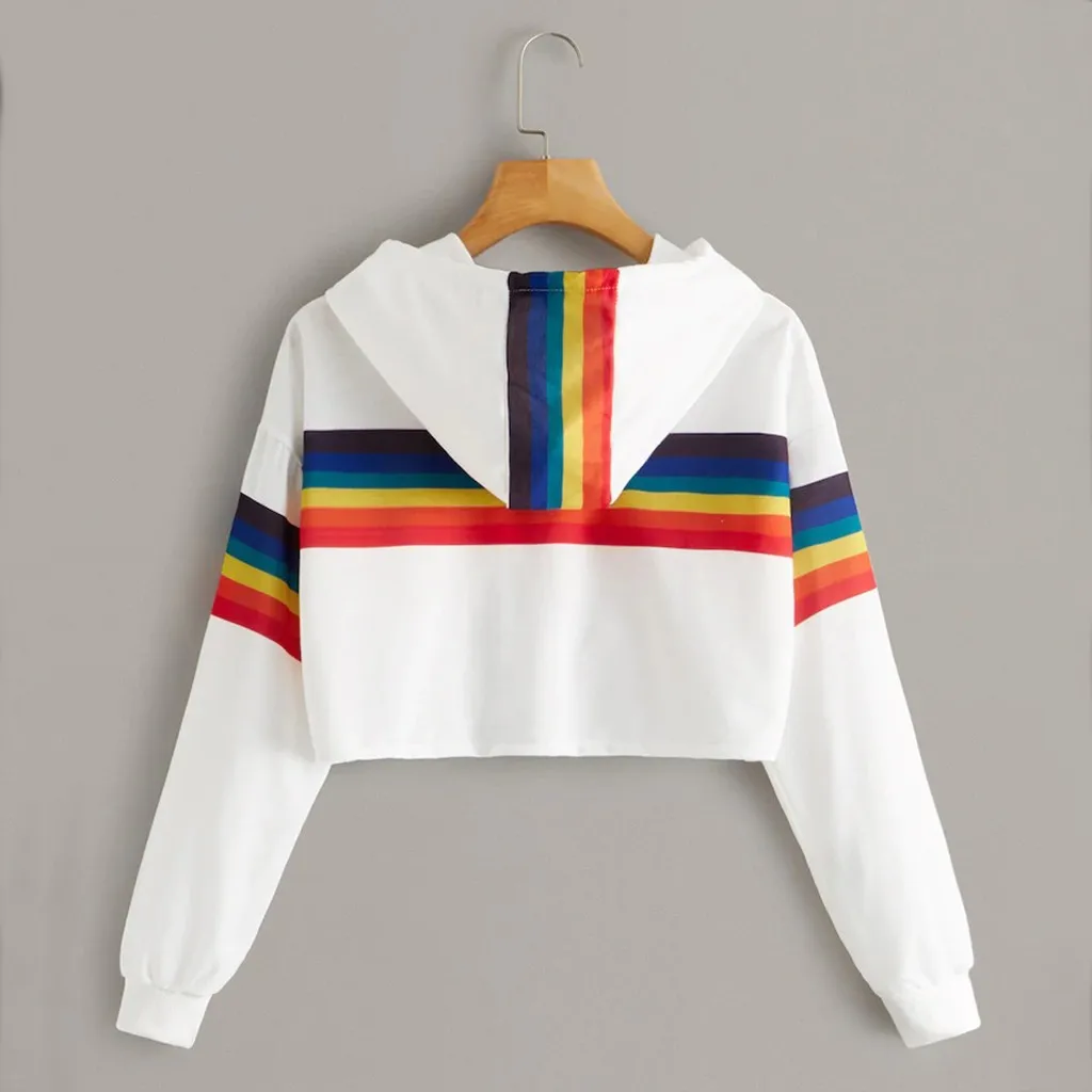 Jaycosin 2019 Fashion Autumn Women Rainbow Stripe Sweatshirt Stylish Long Sleeve Comfortable Female Casual Crop Blouse 930#10