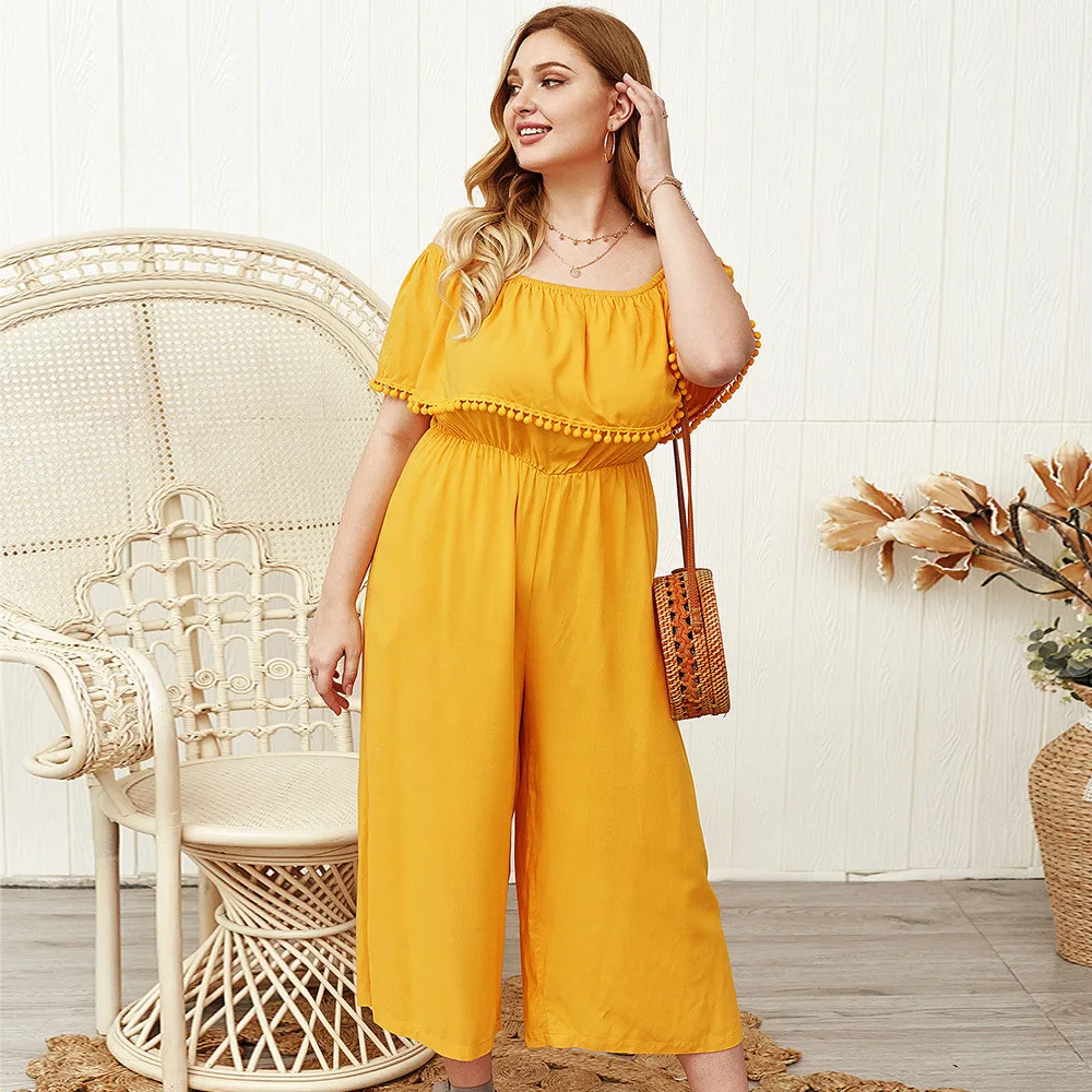 

Short-sleeved High Waist Jumpsuit Solid Yellow Jumpsuits Oversized Slash Neck Loose Jumpsuits Summer Women Calf-length Pants 4XL