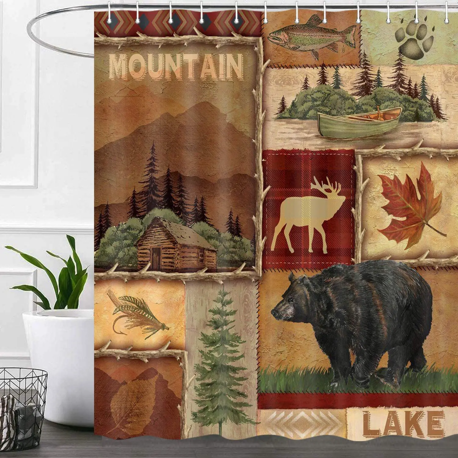 

Rustic Farmhouse Shower Curtains Bear Maple Leaf Moose Deer Country Lodge Forest Polyester Fabric Bathroom Decor Curtain Set