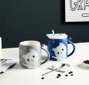 

Creative Cat Embossed Ceramic Cup Cute Cartoon Milk Mug with Lid Scoop 480ml Large Capacity Breakfast Coffee Cups Drinking Mugs