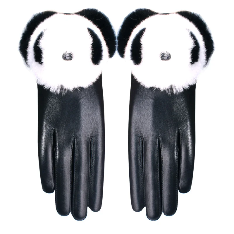 

Rex rabbit women Cute panda sheepskin gloves real fur genuine leather gloves thick warm luvas de inverno
