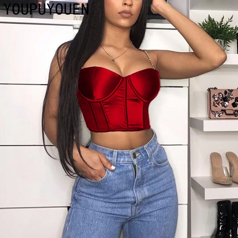 2020 Cami Crop Top Sexy Satin Women Chain Tops Short Camisole Corset Spaghetti Strap Summer Bralette Backless Croptop Black Red