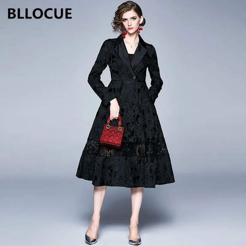 

BLLOCUE Runway Fashion Designer Women Black Jacquard Trench Coat 2020 Spring Autumn Lace Splice With Belt Long Overcoat Female