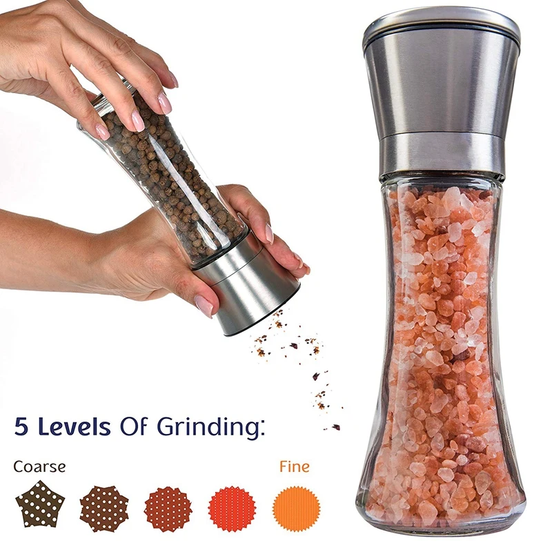 brushed salt and pepper mill set :  salt and bpa free glass