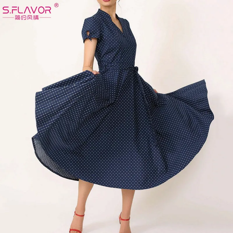 

S.FLAVOR Vintage Women Polka Dot V Neck A Line Dress Elegant Women Short Sleeve Party Dress Ladies Sexy Retro Dresses