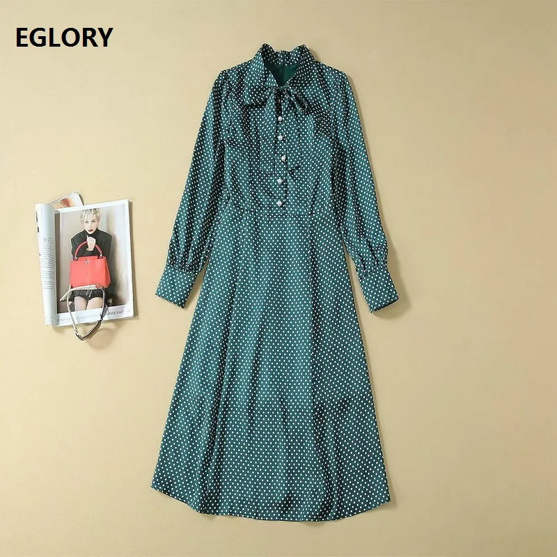 Latest Designer Fashion Dress 2019 Autumn Style Women Bow Collar Polka Dot Print Beading Button Long Sleeve Mid-Calf Green Dress
Latest Designer Fashion Dress 2019 Autumn Style Women Bow Collar Polka Dot Print Beading Button Long Sleeve Mid-Calf Green Dress