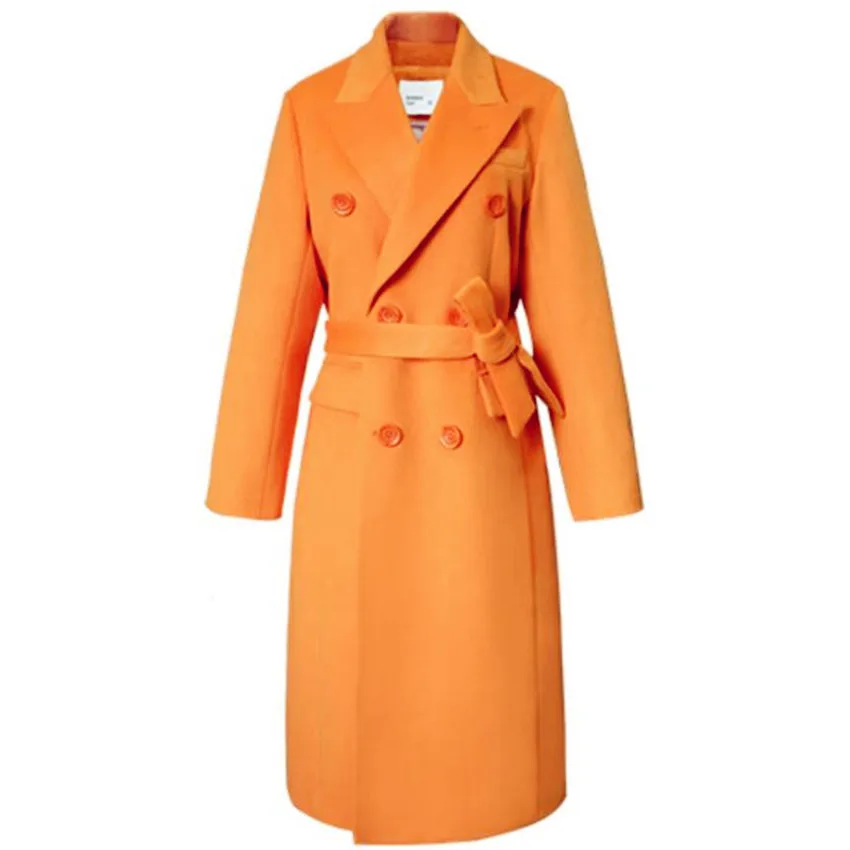 Женское шерстяное пальто с карманами элегантное однотонное оранжевое отложным