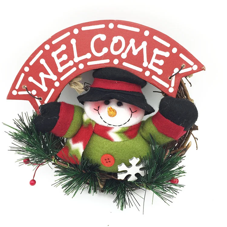 

Small wooden Christmas Wreath Santa Claus rattan ornament Snowman elk doll wreath door hanging
