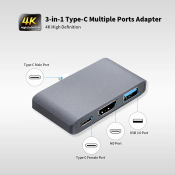 USB3.1 Multi-port Adapter 3-in-1 Hub Type-C to HD/Converter 4K UHD Fast Data Transfer for Projector USB Driver Phone Silver
USB3.1 Multi-port Adapter 3-in-1 Hub Type-C to HD/Converter 4K UHD Fast Data Transfer for Projector USB Driver Phone Silver