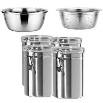 6 Pcs Kitchen Supplies: 2 Pcs Stainless Steel Filter and Bowl & 4 Pcs Stainless Steel Canister Set Food Storage Cans
6 Pcs Kitchen Supplies: 2 Pcs Stainless Steel Filter and Bowl & 4 Pcs Stainless Steel Canister Set Food Storage Cans