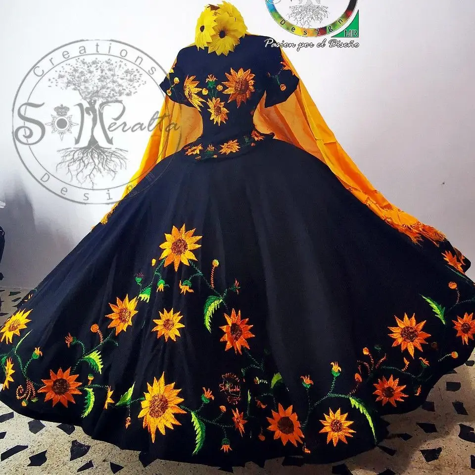 

Magival Sunflowers Embroidery 2022 Mexican Quinceanera Dresses Charro Off Shoulder Satin Ball Gown Sweet 16 Dress With Wrap