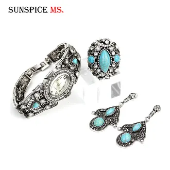 SUNSPICEMS Vintage Retro Silver Color Cuff Bracelet Watch Ring Drop Earring Blue Stone Full Rhinestone Bohemia Party Jewelry Set
SUNSPICEMS Vintage Retro Silver Color Cuff Bracelet Watch Ring Drop Earring Blue Stone Full Rhinestone Bohemia Party Jewelry Set