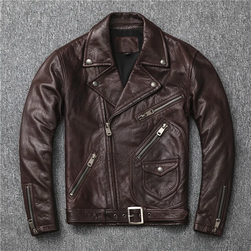 Фото 2020 темно-коричневая Мужская мотоциклетная кожаная куртка американского стиля