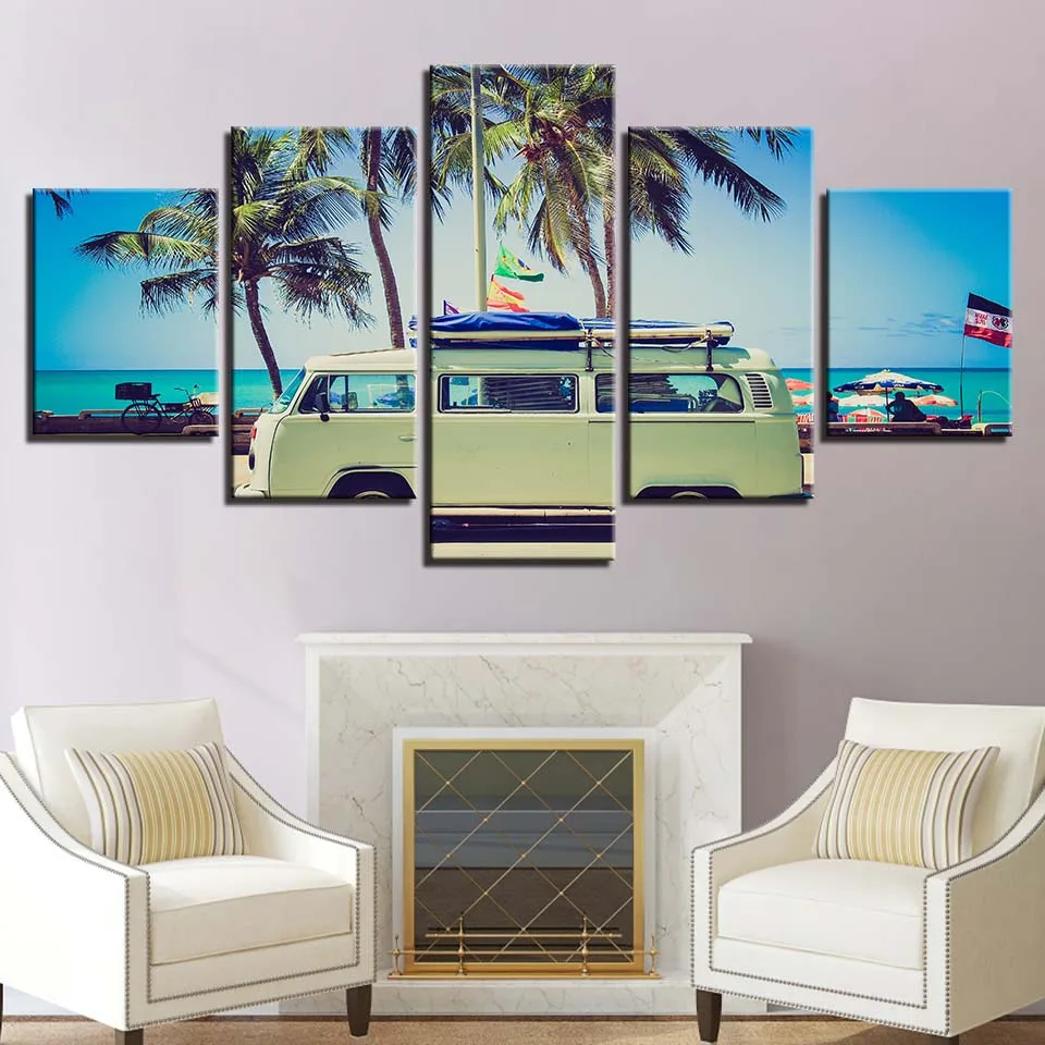 Artwork Canvas Painting HD Prints Tree Home Decor 5 Pieces Car Wall Art Sea Modular Landscape Pictures Scenery Creative Poster | Дом и сад