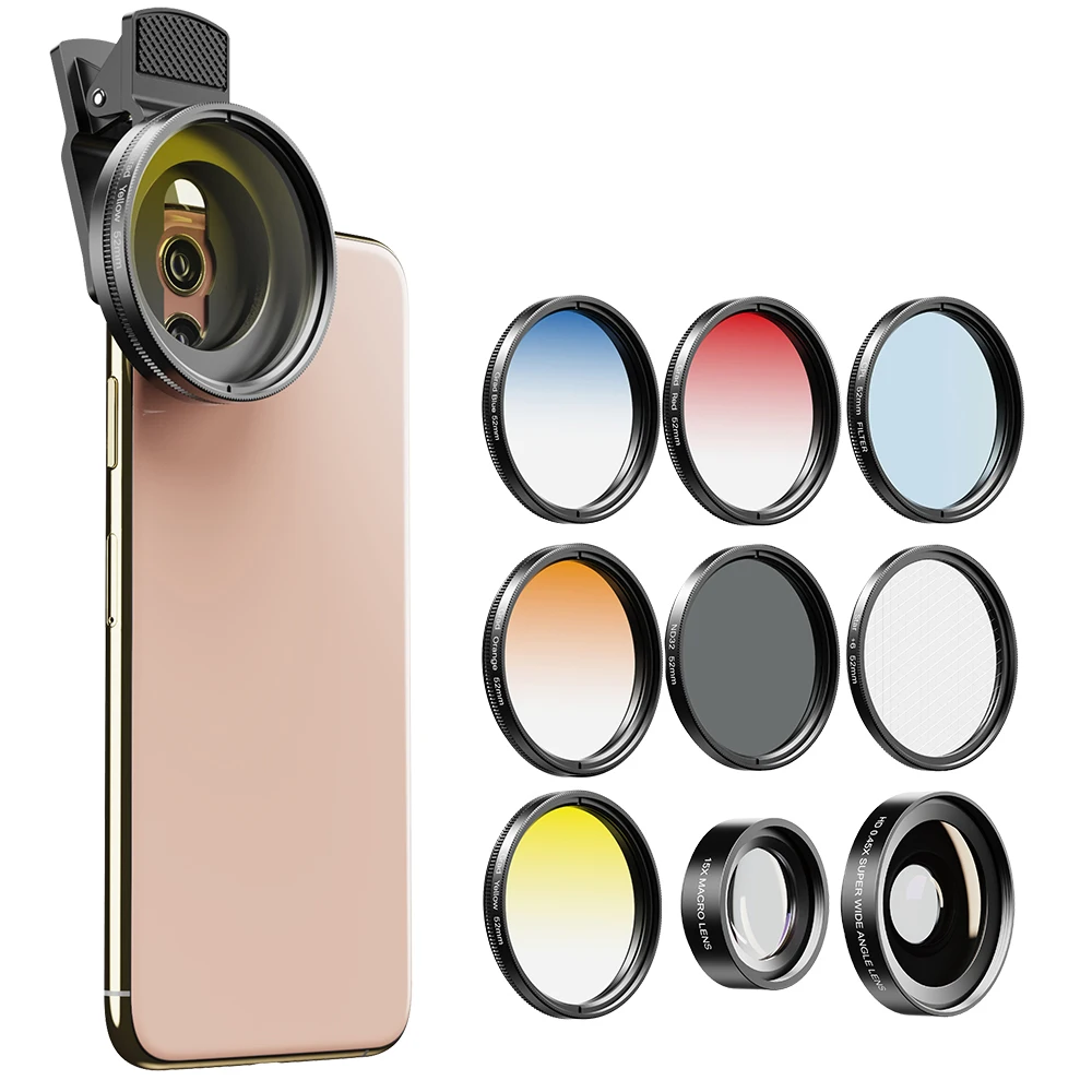 APEXEL 9in1 52mm Gradient Filter Camera Lens Kit Grad Blue Red Filter+CPL+ND+Star Filter 0.45x wide+15x macro Phone camera Lens
APEXEL 9in1 52mm Gradient Filter Camera Lens Kit Grad Blue Red Filter+CPL+ND+Star Filter 0.45x wide+15x macro Phone camera Lens