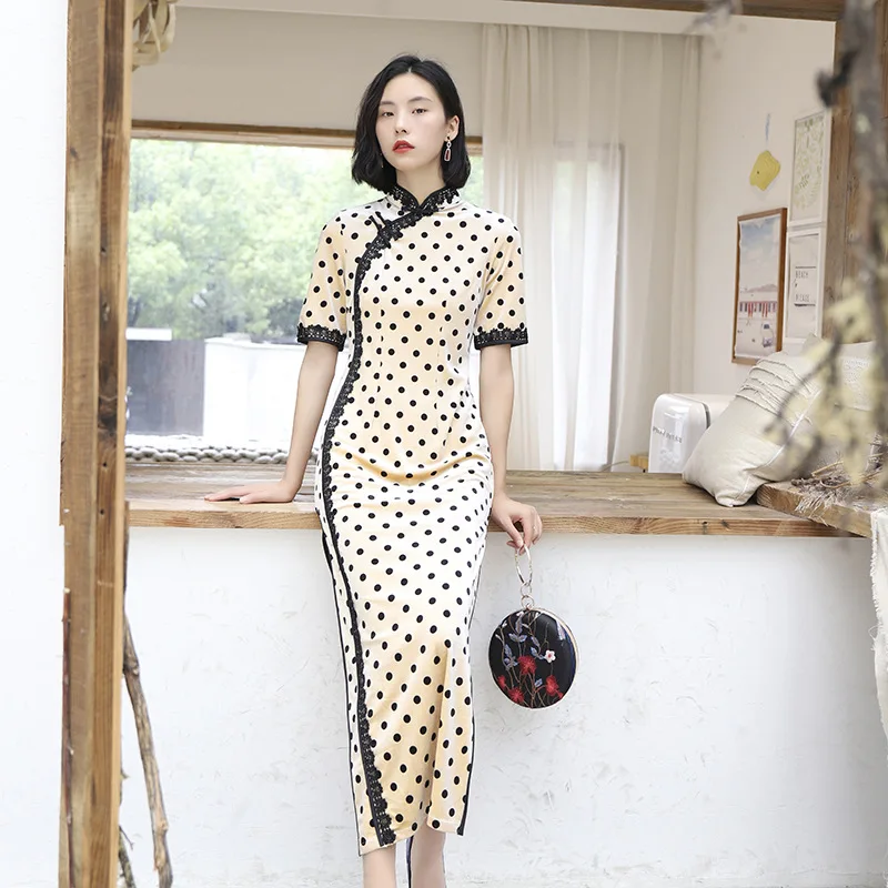 

LZJN 2019 New Women Chinese Traditional Cheongsam Elegant Slim Oriental Style Lace Dresses Long Qipao Dot Print Half Sleeve
