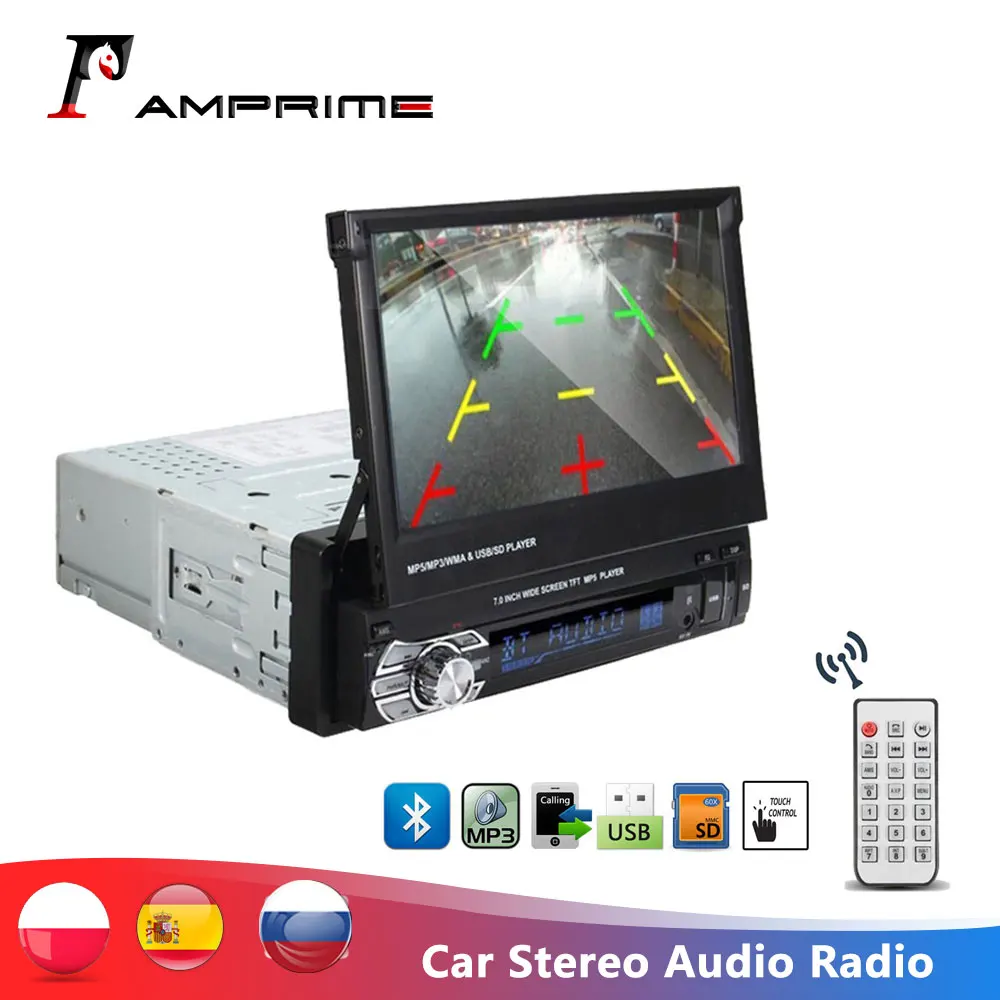 Автомагнитола AMPrime 1DIN 7 "HD выдвижной сенсорный экран Bluetooth MP5 FM USB аудио стерео