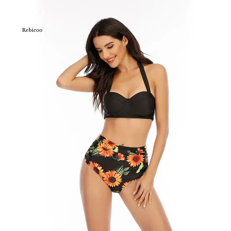 

Women Fashion Sunflower Print Sleeveless Bikini Set Top Shorts Two Piece Set Swimsuit Bathing Suit Swimwear Beach Wear