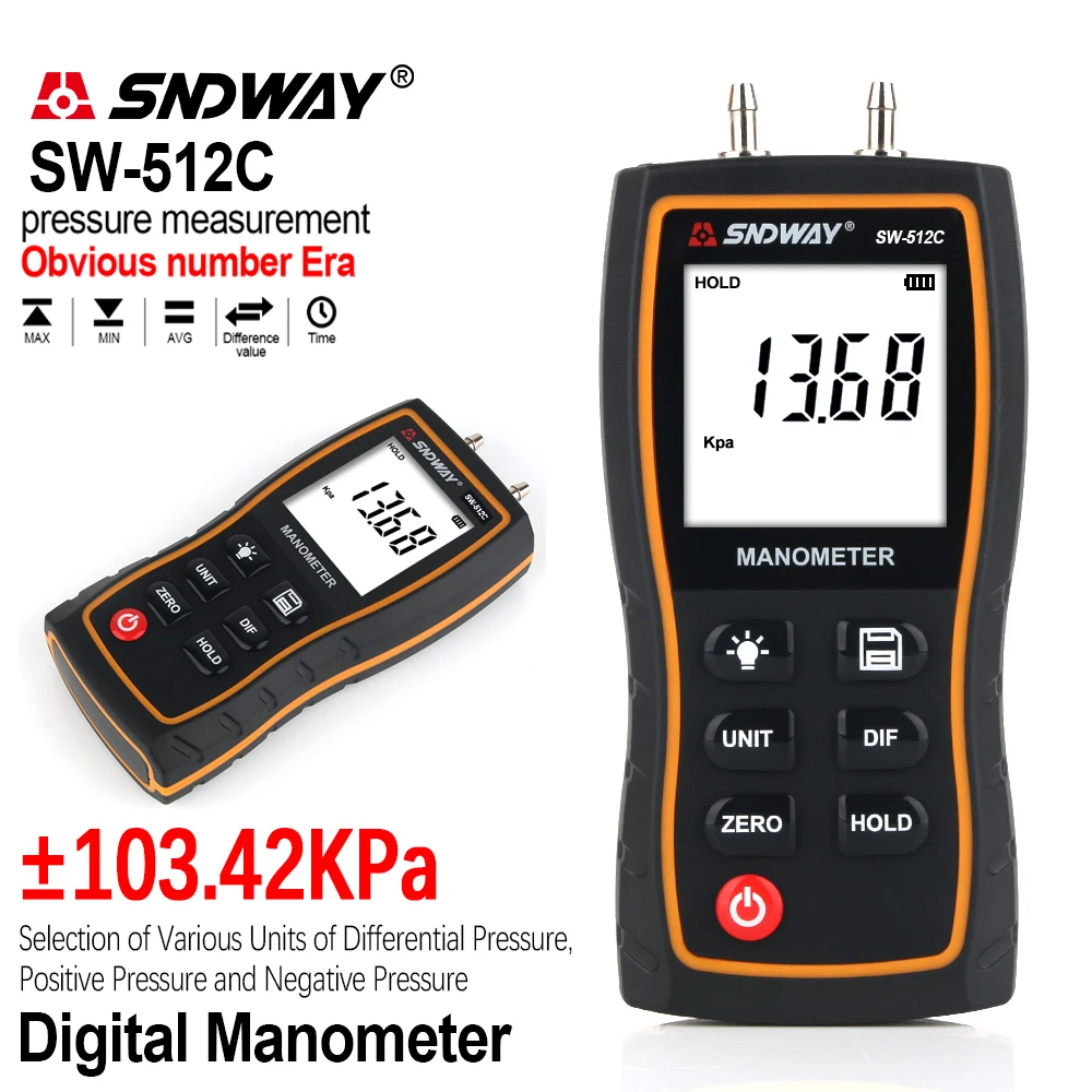 

SNDWAY SW-512 Series 0-103kpa LCD Digital Dual-Port Manometer Differential Pressure Gauges Tester For Air Conditioning Manometer