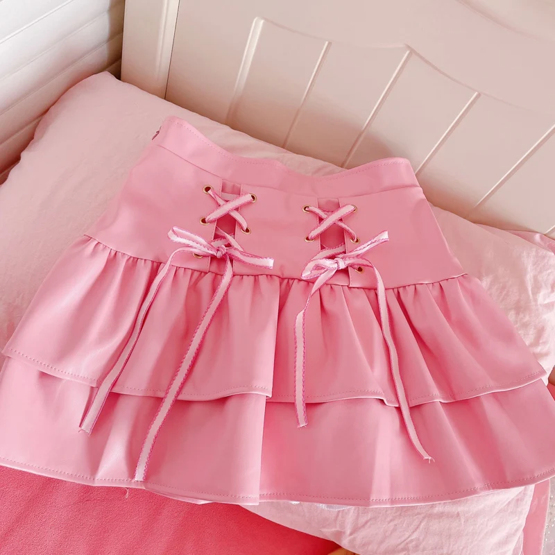 Fashion Pink Mini Skirt Women Leather PU Kawaii Ruffle Lace Up School Girls Cute Korean A Line High Waist Lolita Short Skirts Fashion Pink Mini Skirt Women Leather PU Kawaii Ruffle Lace Up School Girls Cute Korean A Line High Waist Lolita Short Skirts