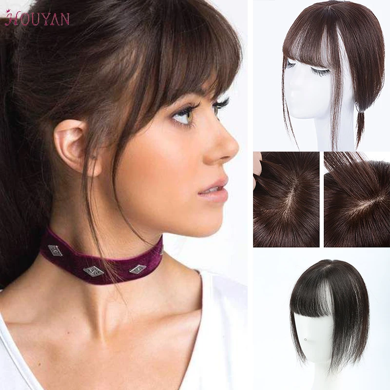 

Natural Human Hair Synthetic Invisible Seamless Straight Hair Top Hair Clip with Air Bangs for Women Daily Use HOUYAN
