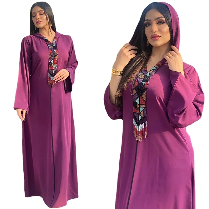 Aid Mubarek Abaya Dubai Turkey Muslim Fashion Hooded Dress Beading Tassel Kaftan Kimono Islamic Clothing Robe Africaine Femme |