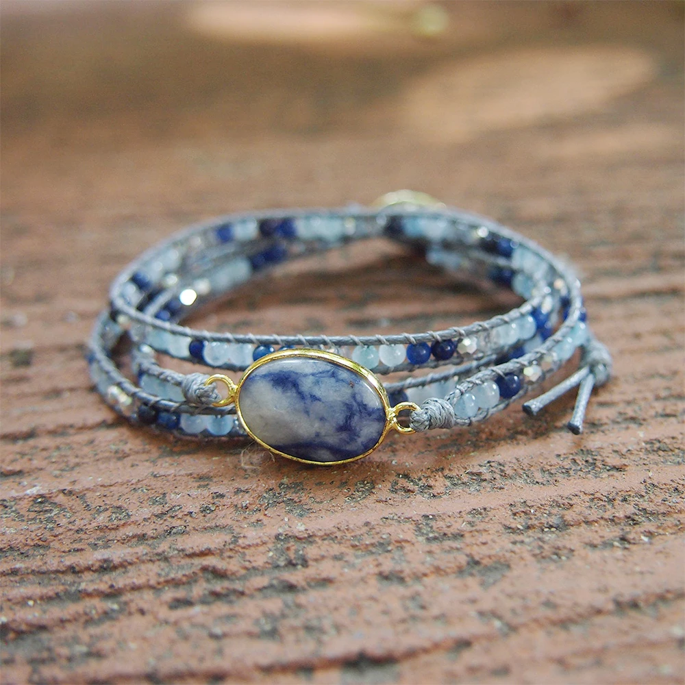 

Blue Vein Stone Charm Wrap Bracelet for Women Geometric Natural Stone Lapis Lazuli Bracelets with Crystal Bead Jewelry Female