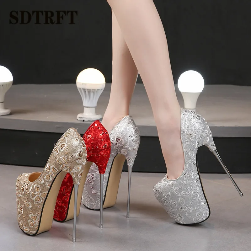 

SDTRFT Catwalk Shows Pumps Platform Women shoes 20cm 22cm 30cm Ultra High Thin heels Bridal zapatos mujer Lace Dance Stiletto