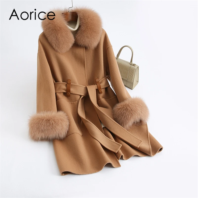 

Aorice Women Winter Wool Blends Coat Jacket 2021 New Femail Girl Real Fox Fur Coats Parka Trench Z21172