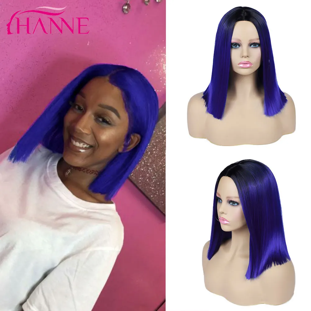 HANNE Ombre Pink/red/blue Short Straight Wig Middle Part Cosplay Wigs For White Women Heat Resistant Hair Wigs