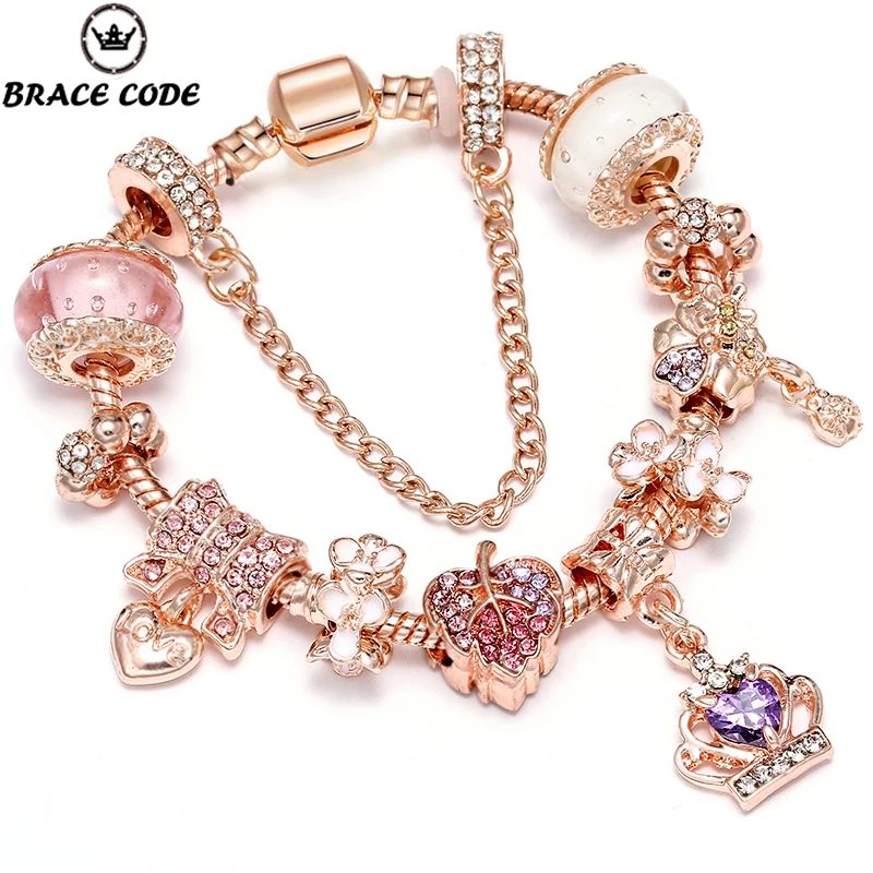 

BRACE CODE Rose Gold European Charm Bracelet with Crown Bead Pave Charm for Direct Delivery of Fine Bracelet Women's Jewellery