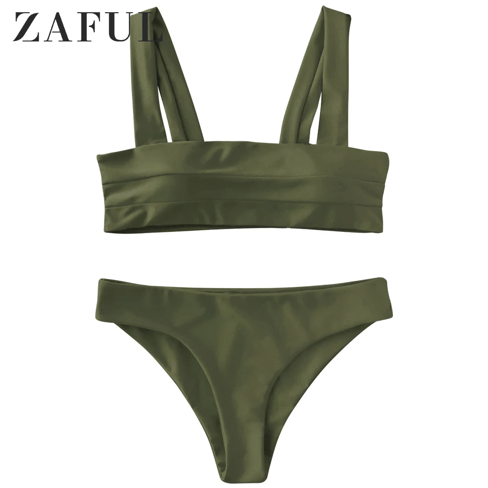 

ZAFUL Wide Straps Sexy Bikinis Women Swimwear Biquini Padded Bandeau Bikini Set Swimsuit Solid Bathing Swim Suit Bikini Set