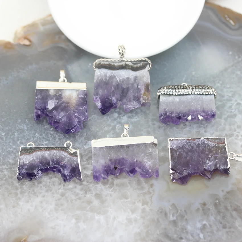 

5pcs,6Style Choice Plated Silvers Edged Amethysts Geode Slab Pendant,Quartz Druzy Drusy Slice Necklace Charms Jewelry Wholesales
