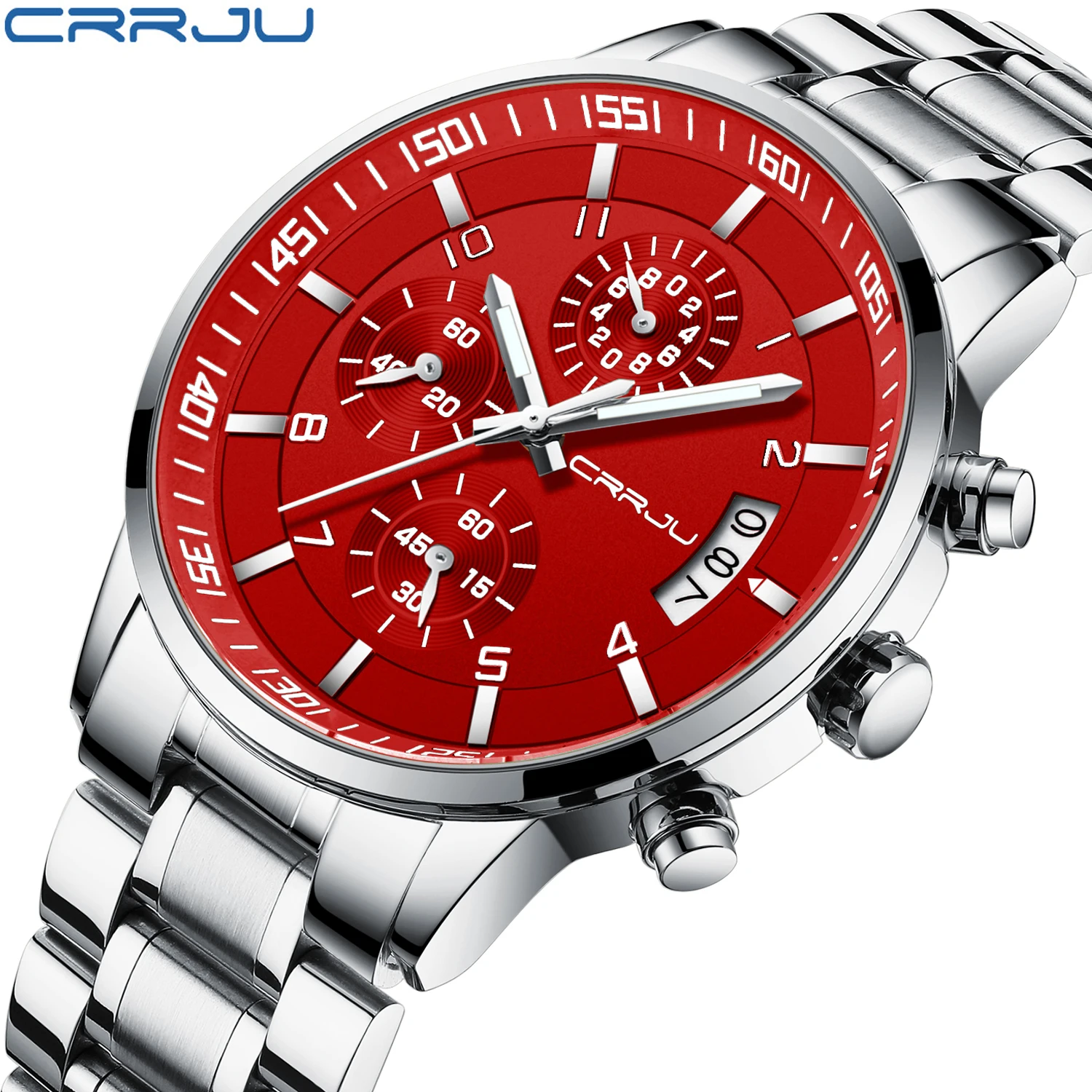 

CRRJU Men Quartz Wristwatches Luxury Brand Sporty Chronograph Watches with 316 Stainless Steel Luminous Hands Male Clock Red