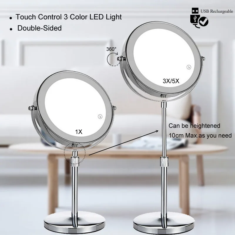 

2-Sided Vanity Makeup LED Mirror, 3X/5X Tabletop Cosmetic Mirror USB Rechargeable, 3Color Touch Brightness and Height Adjustable