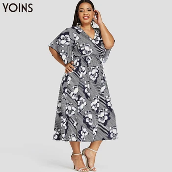 

YOINS 2020 Stylish Stripe Floral Print V-neck Flared Sleeve Dress 2020 Summer Bohemian Knee Length Dresses Plus Size Vestidos
