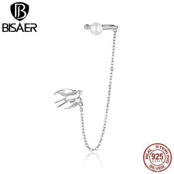 

BISAER Ear Clip Flying Swallows Chain 925 Sterling Silver White Pearl Long Link Earrings Ear For Women Fashion Jewelry GAE411