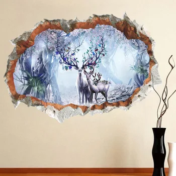 

Zy142023d Three-dimensional Broken Wall Forest Sika Deer Wall Sticker Living Room Tv Background Wall Decorative Wall Sticker