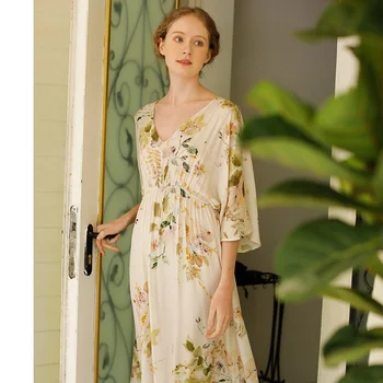 

Vestido Verano 2020 Summer Ladies Nightdress V-neck Elegant Rose Print Satin Nightdress Home Wear Koszule Nocne Sleepwear Dress