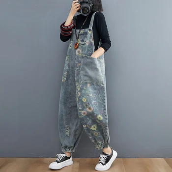 New Print Floral Denim Overalls For Women Casual Oversized Big Size Jeans Jumpsuit Pocket Hole Wide Leg Rompers Bib Cargo Pants