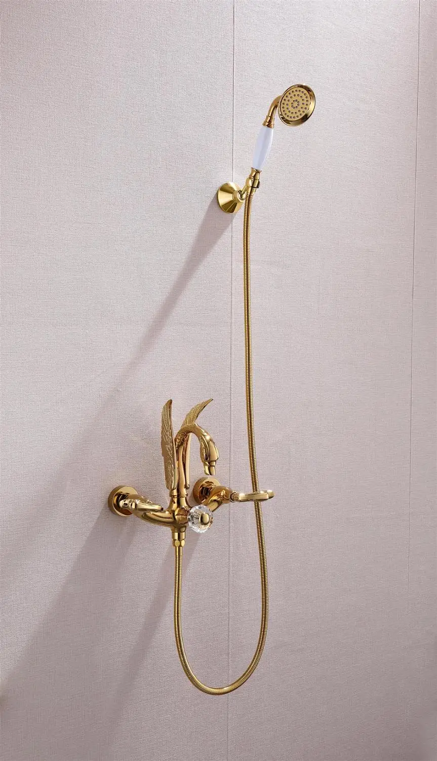 

FREE SHIP wall mounted Ti Gold finish SWAN Bath shower Bathtub Faucet WITH white Hand Shower swan handles Luxury tap