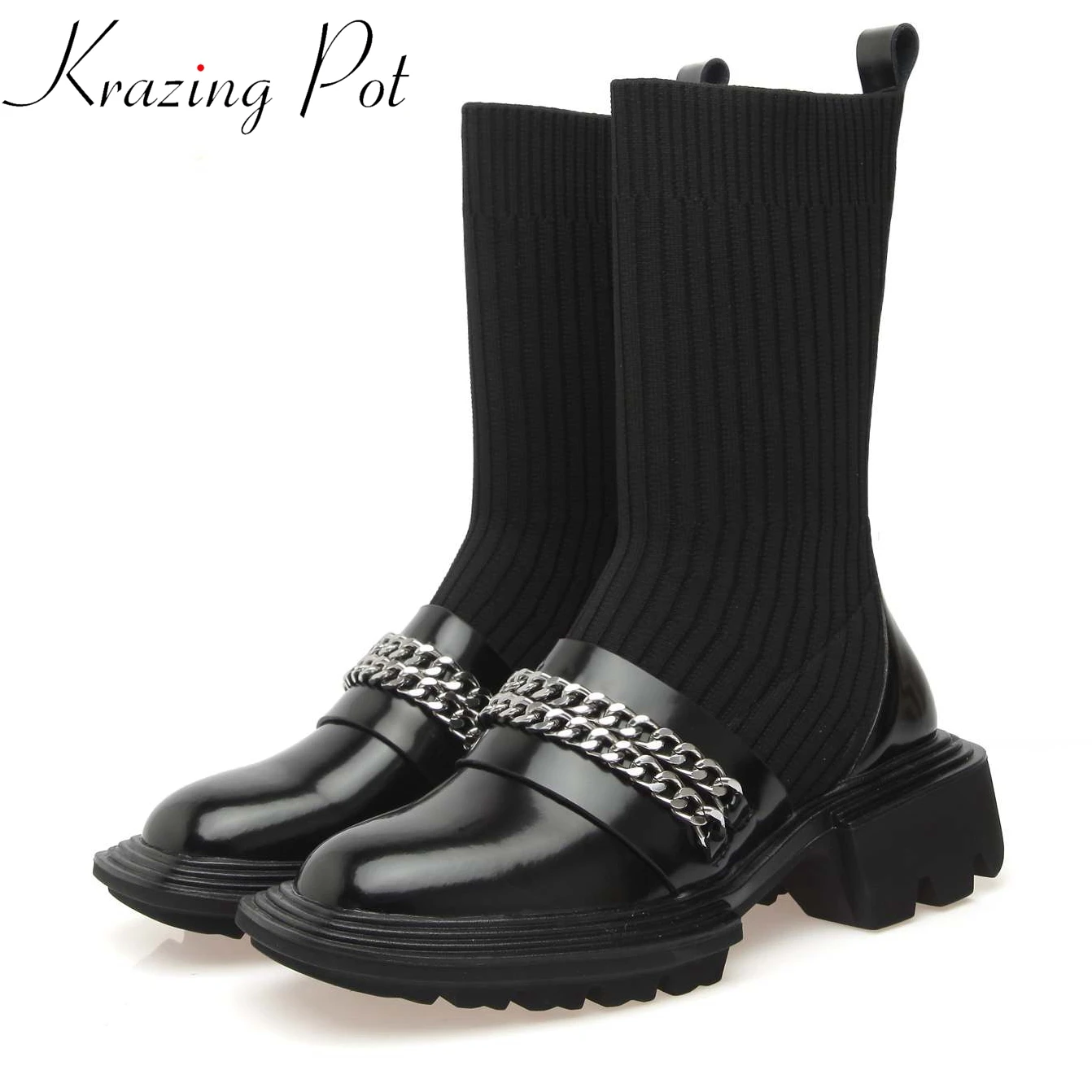 

Krazing Pot Cow Leather Round Toe Superstar Stretch Boots Med Heels Metal Fasteners Chain Winter Brand Warm Mid-calf Boots L39