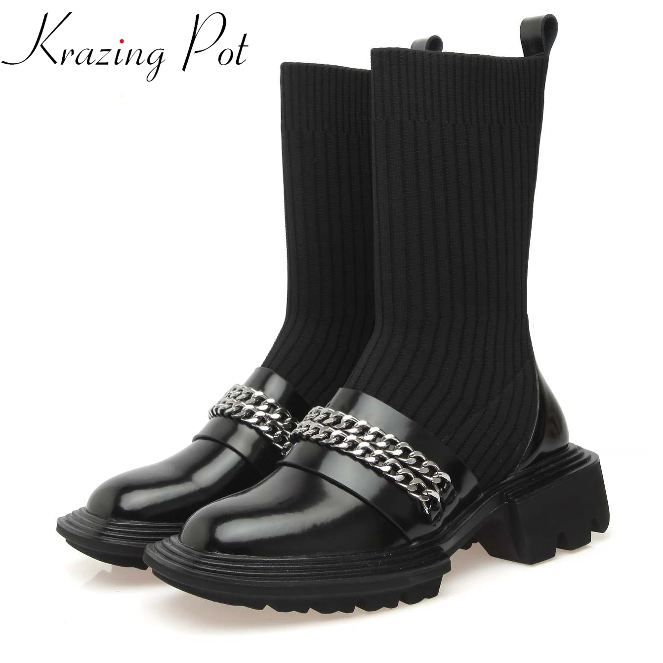 Krazing Pot Cow Leather Round Toe Superstar Stretch Boots Med Heels Metal Fasteners Chain Winter Brand Warm Mid-calf Boots L39
Krazing Pot Cow Leather Round Toe Superstar Stretch Boots Med Heels Metal Fasteners Chain Winter Brand Warm Mid-calf Boots L39